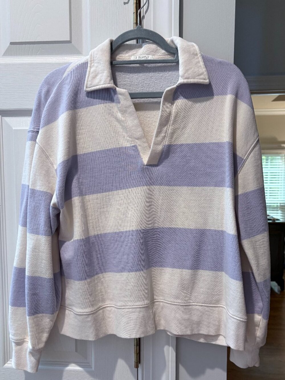 Z SUPPLY Rugby Henley Sweatshirt Lavender Ice Stripe Size S
